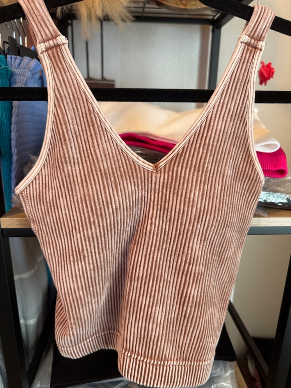 Zenana Ribbed V-Neck Tank Top in dark almond